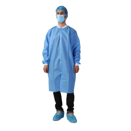 Unissex PP SMS não tecido branco azul uniforme de trabalho médico hospital dentista jaleco descartável médico com encaixe/zíper para indústria alimentícia